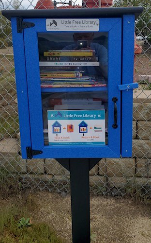 Brightly painted wooden box with a glass door displaying books