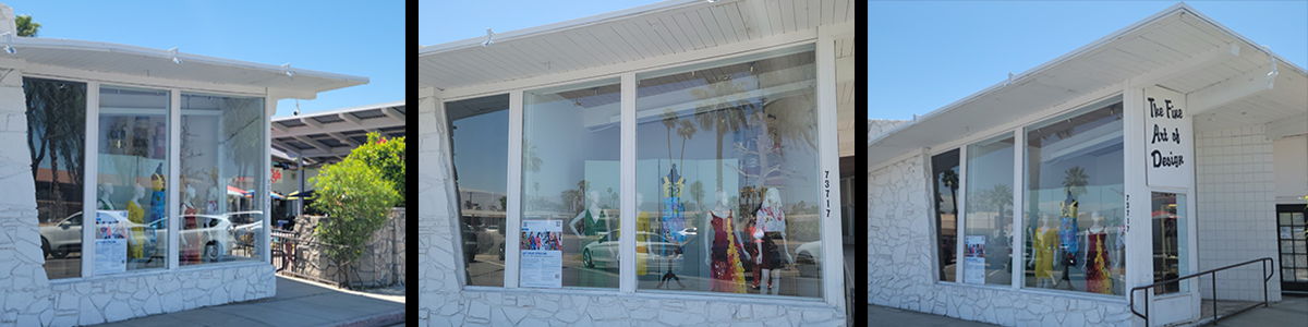 Student fashion displayed on mannequins in window of The Fine Art of Design shop