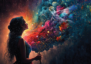 Woman looking at hummingbird in magical, colorful, imaginary setting