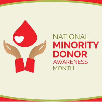 National Minority Donor Awareness Month logo with drop of blood cupped by two hands