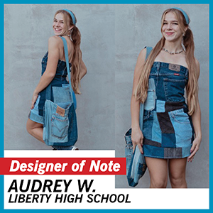 Model wearing patchwork denim strapless dress with matching demin purse