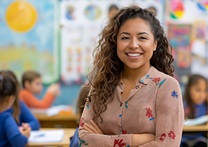 Young woman standing confidently with arms crossed, smiling in an elementary school classroom