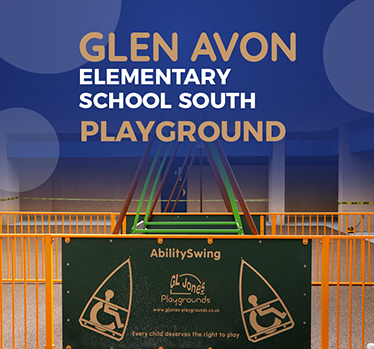 Glen Avon Elementary School South Playground. Ability swing with plaque that reads, by GL Jones Playgrounds. Every child deserves the right to play.