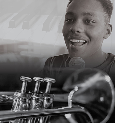 Young man singing in collage of musical instruments