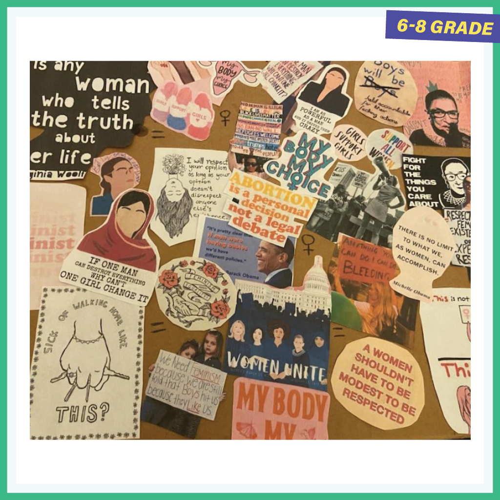 Paper collage with images and quotes about woman’s rights