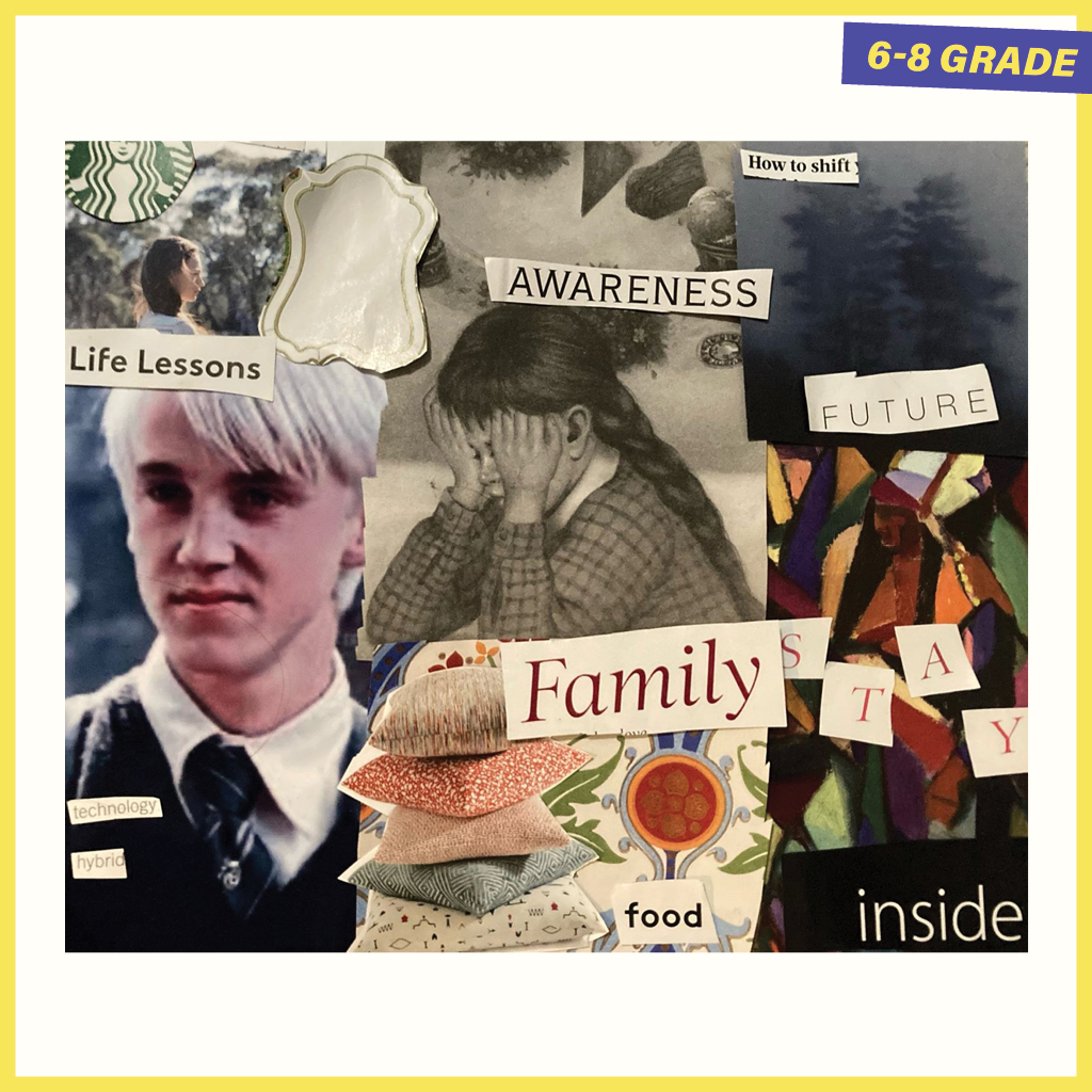 Collage of people, and objects and words of Family, Life Lessons, Awareness, Future