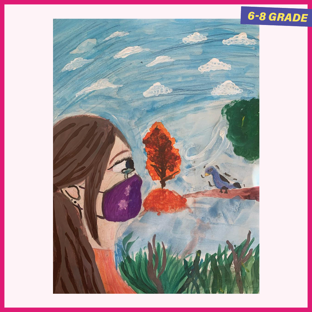 Painting of a woman in a mask crying while outside looking at a bird and the sky