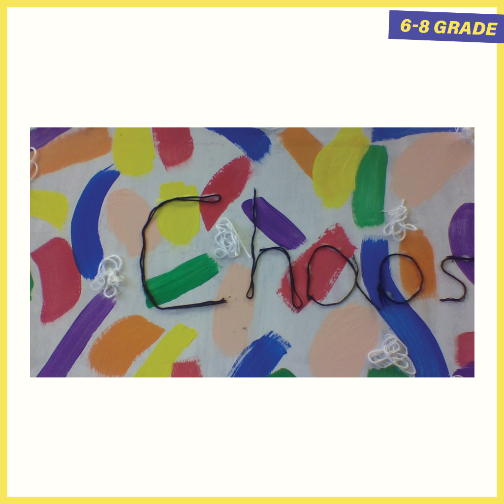 Painting with large multicolored strokes and string letters spelling Chaos