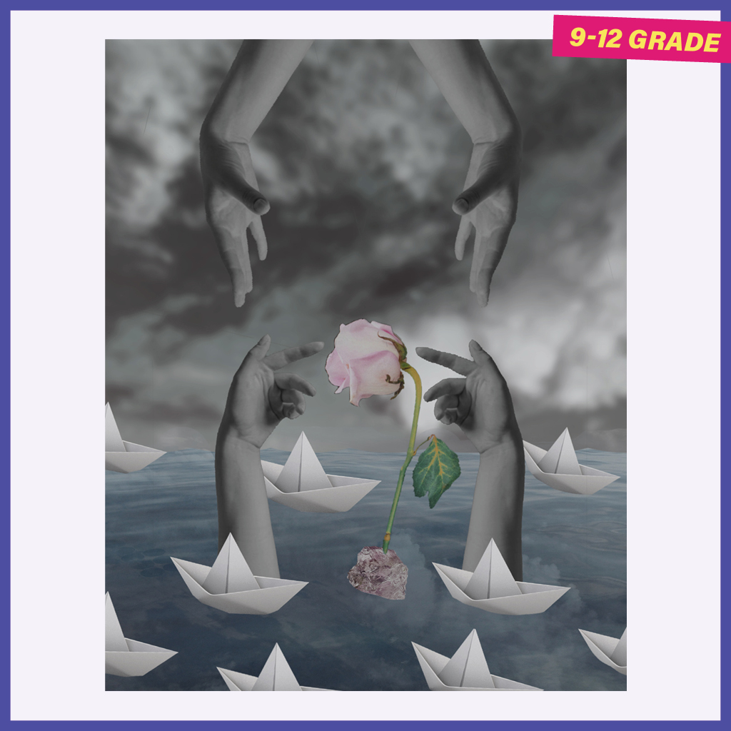 hands reaching up from sea of paper boats and hands reaching down from a cloudy sky to touch a rose