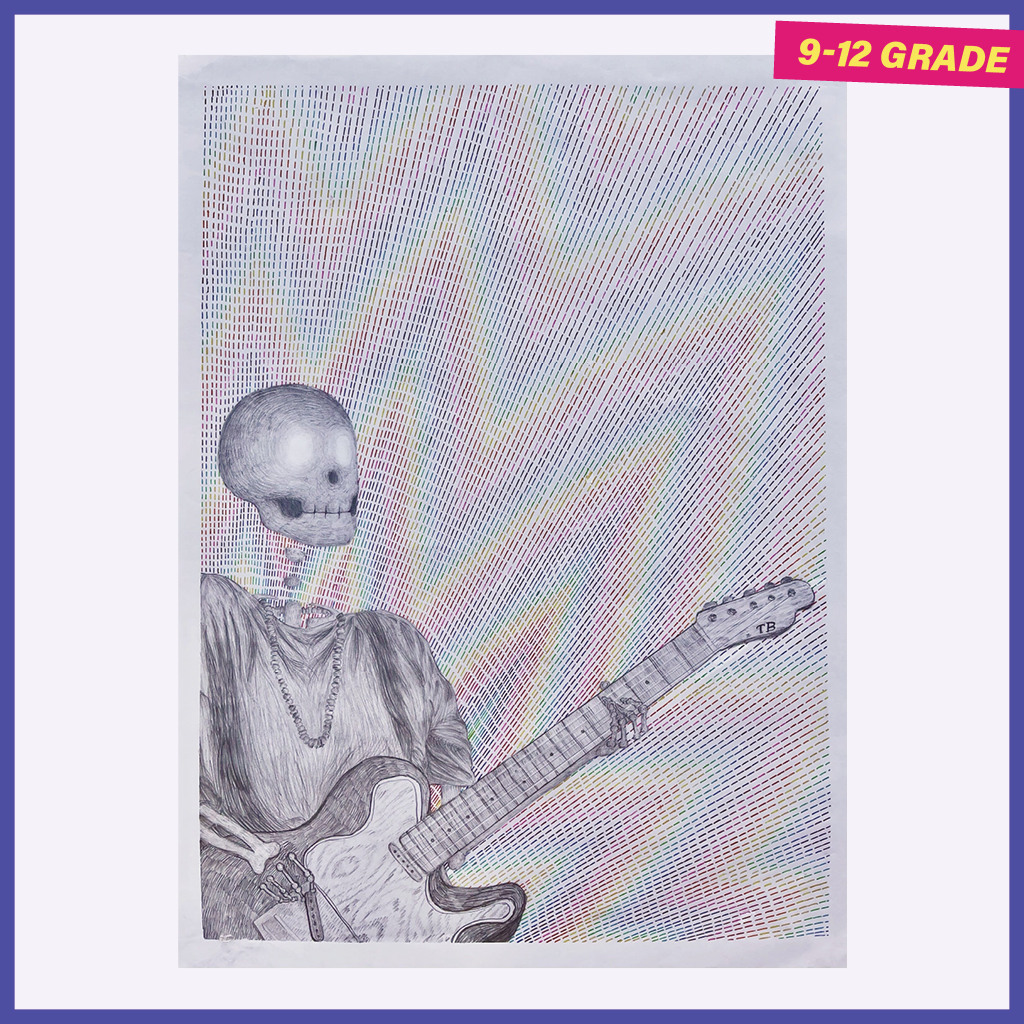 Drawing of a Skelton playing Guitar in multicolored background