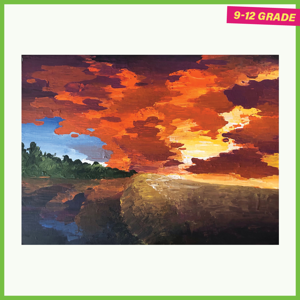 Landscape painting of a marsh and a fiery-red sky