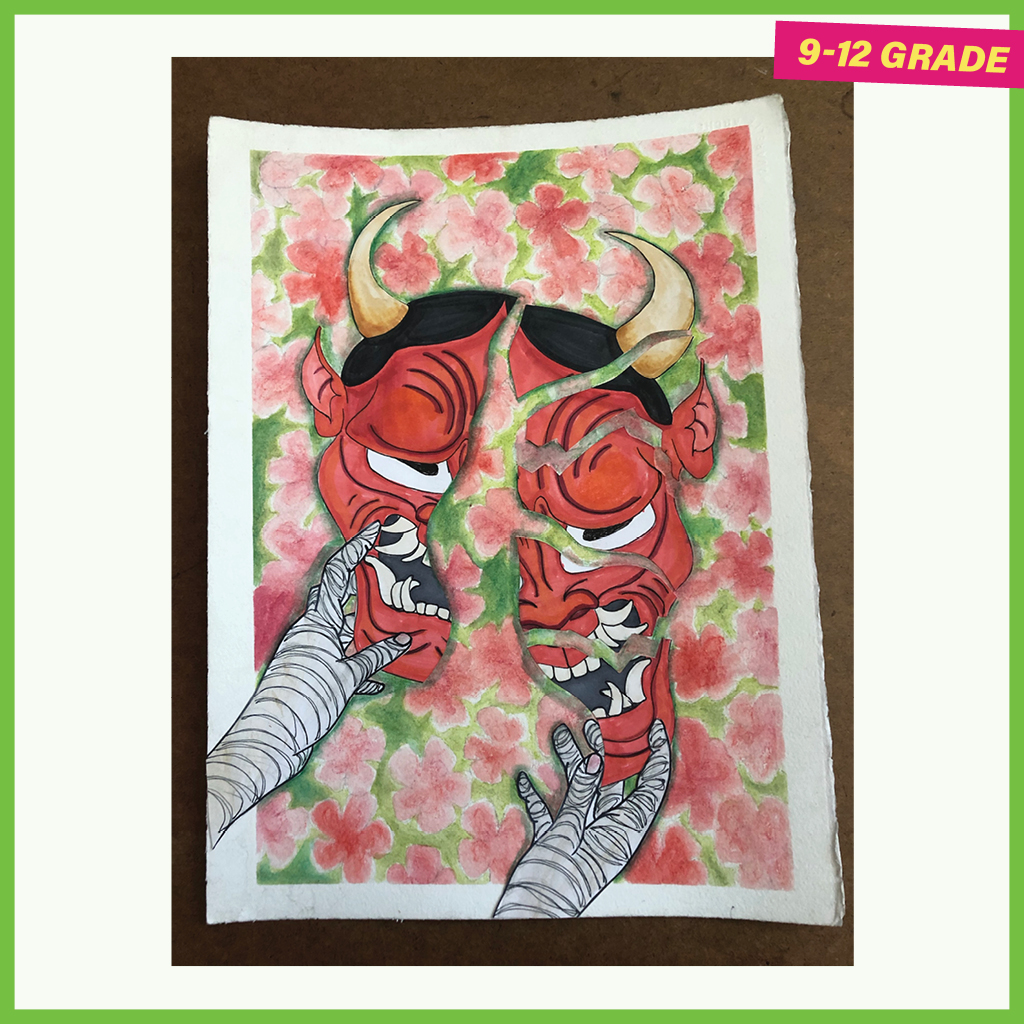 Drawing of a devil’s mask broken in half with a pink flowered background