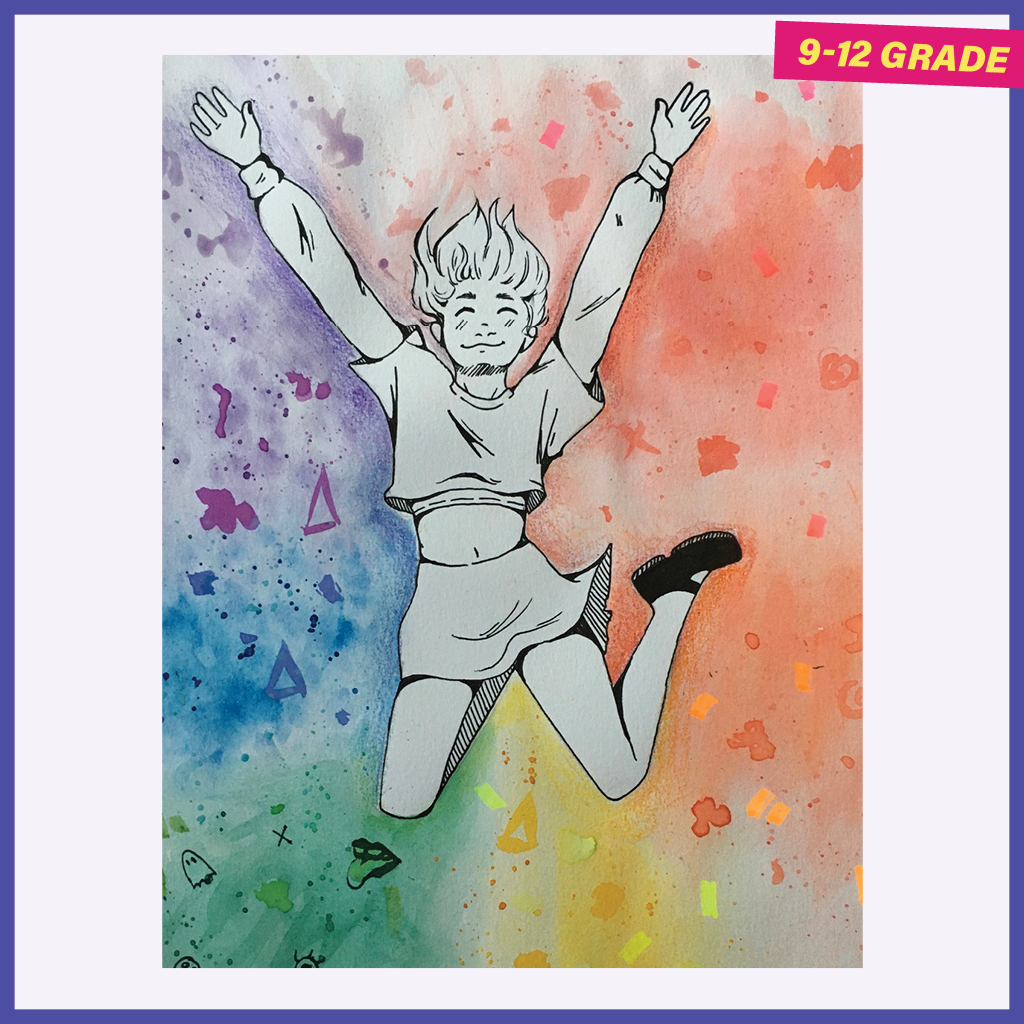 Drawing of a young girl jumping for joy