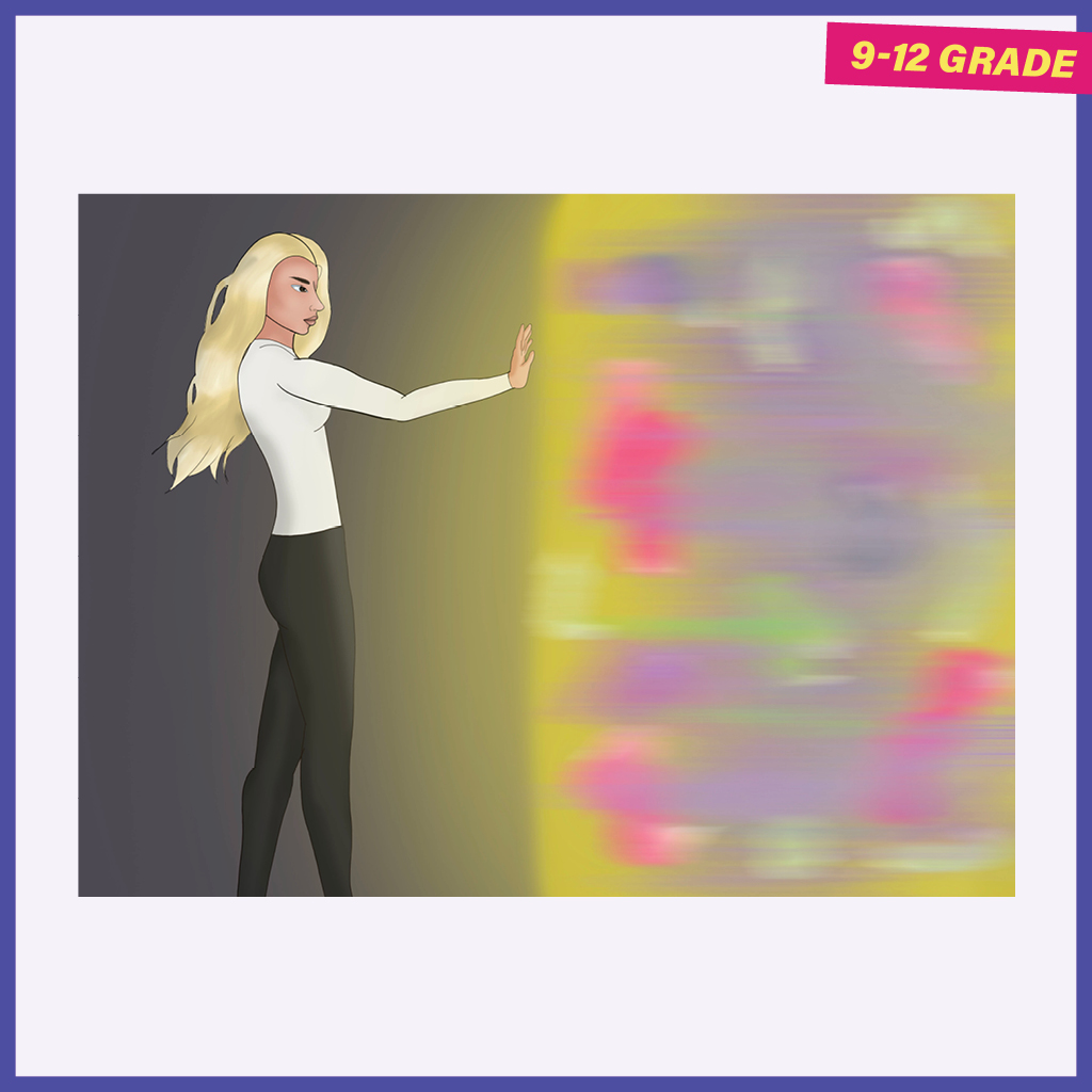 Drawing of tall woman with long blond hair in dark background holding back a wall of color coming toward her.