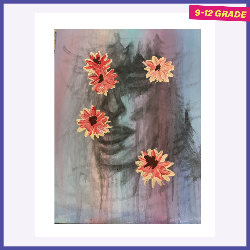 Drawing of half a woman’s face in pencil or charcoal and brightly colored orange and yellow flowers