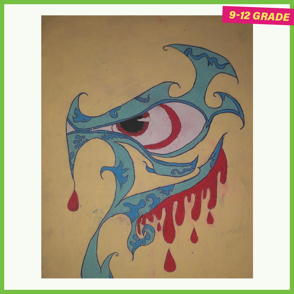 Drawing of a partial dragon face with blood dripping from its mouth