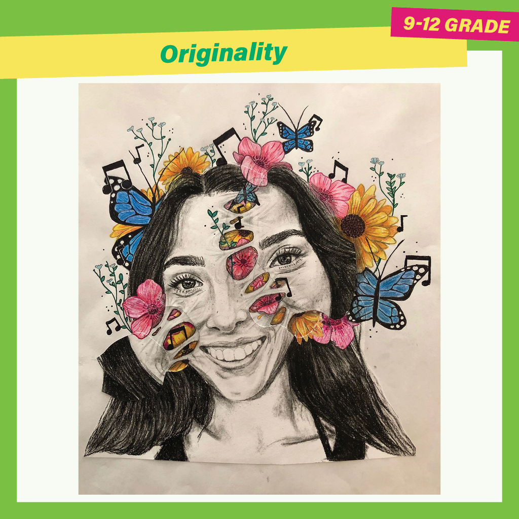 Drawing of a young woman’s distorted face among flowers, butterflies and music notes