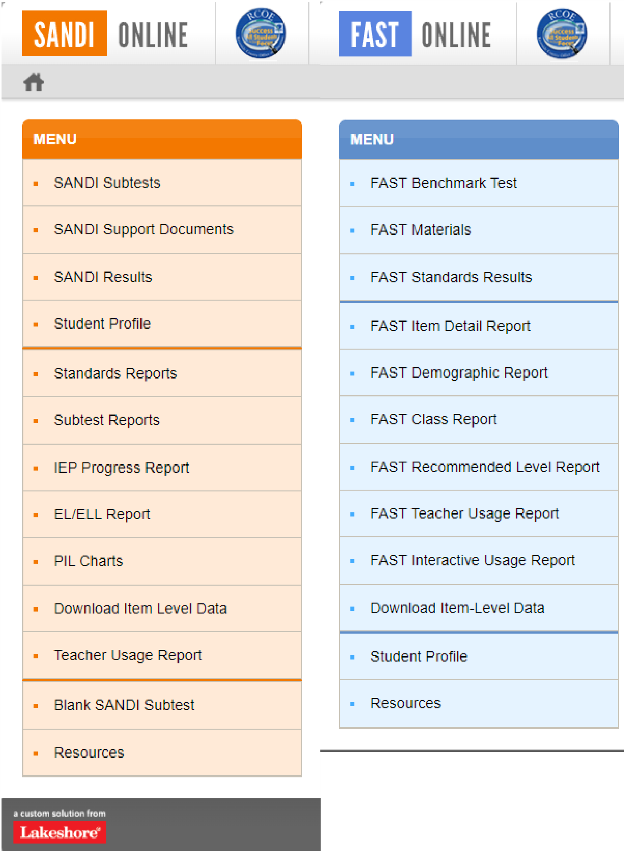 Screen capture showing SANDI Online and FAST Online