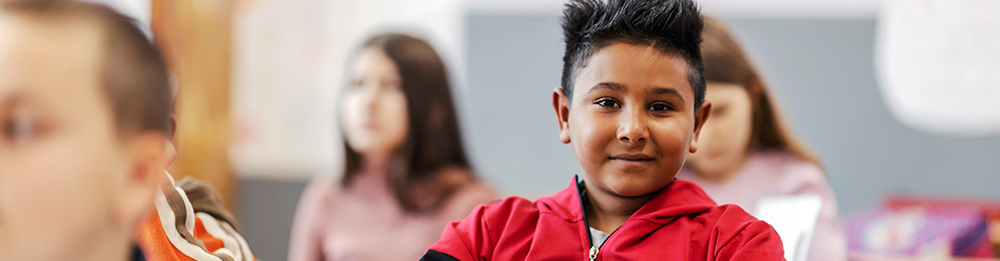 Confident elementary boy in classroom